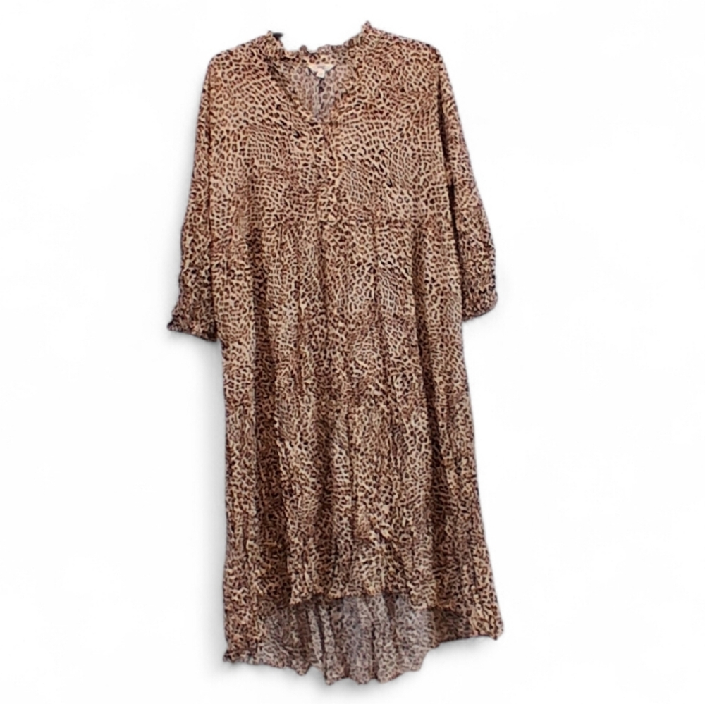 Terra & Sky Brown Leopard Print Women's Size XXL High-Low Peasant Midi Dress